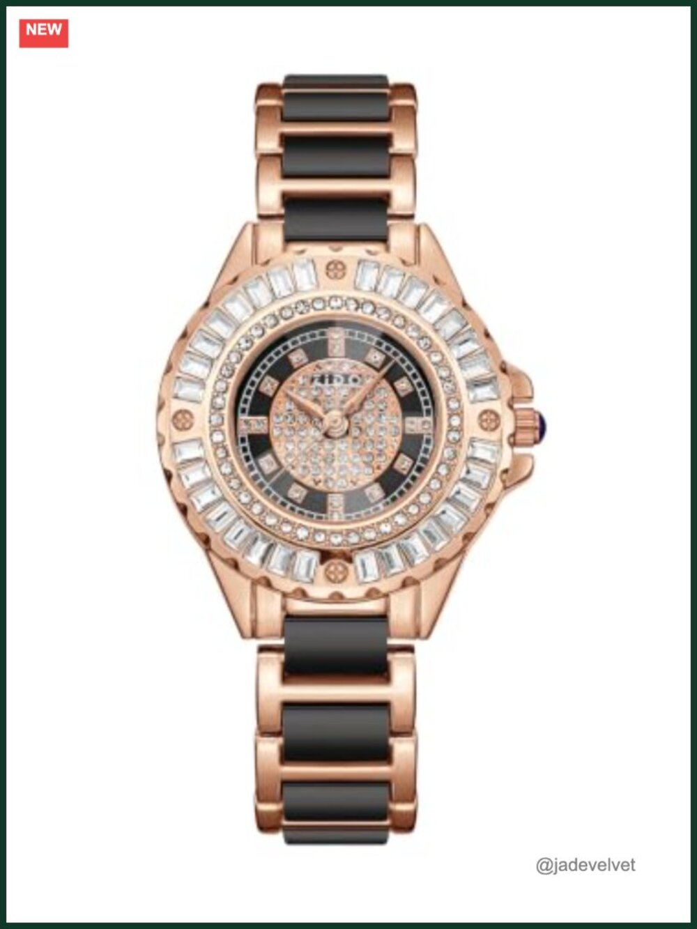 Rose Gold Quartz Watch with Rhinestone Dial and Ceramic Bracelet